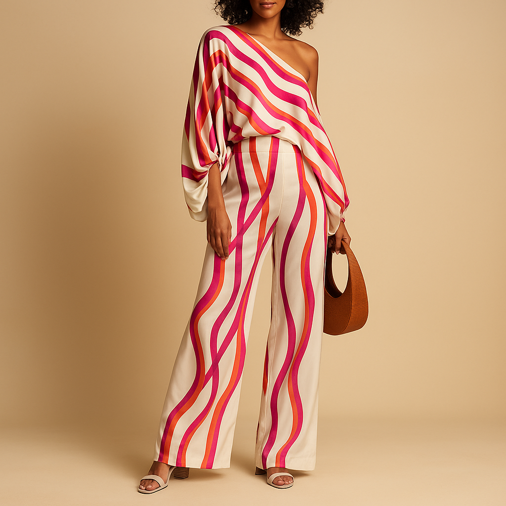 Off-shoulder balloon sleeve top and wide-leg pants set for women, perfect for summer evenings, holidays, or elegant daily wear.