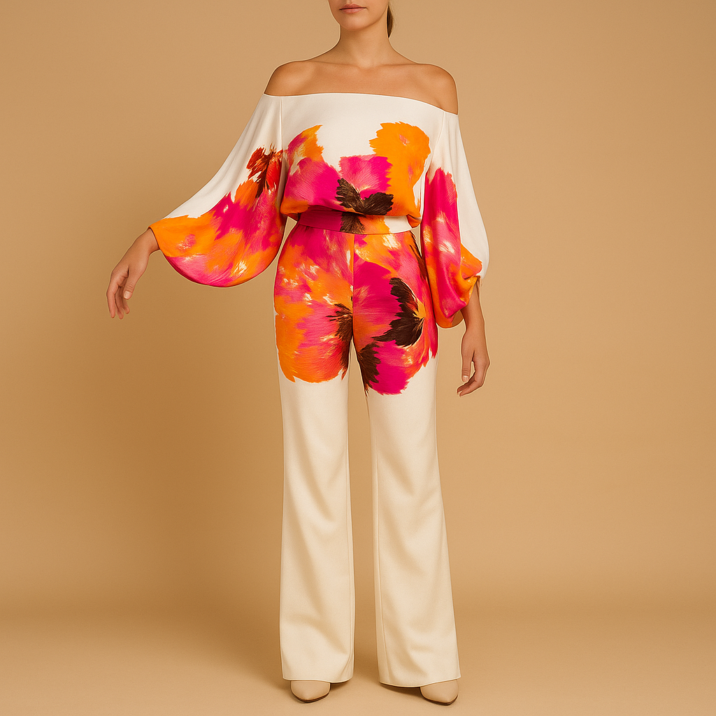 Off-shoulder balloon sleeve top and wide-leg pants set for women, perfect for summer evenings, holidays, or elegant daily wear.