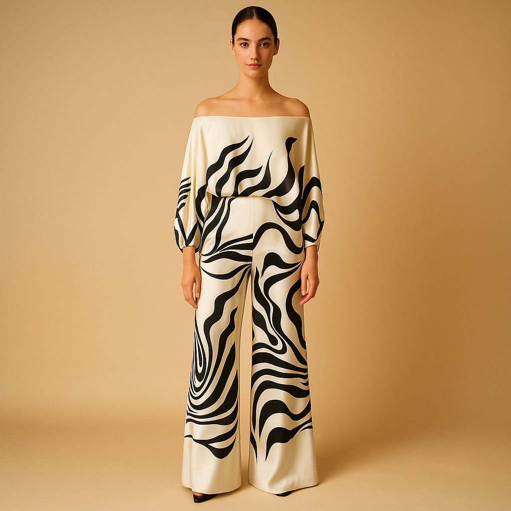 Off-shoulder balloon sleeve top and wide-leg pants set for women, perfect for summer evenings, holidays, or elegant daily wear.