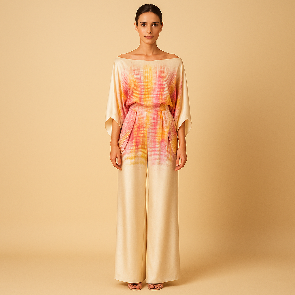 Off-shoulder balloon sleeve top and wide-leg pants set for women, perfect for summer evenings, holidays, or elegant daily wear.