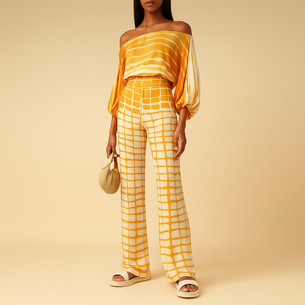 Off-shoulder balloon sleeve top and wide-leg pants set for women, perfect for summer evenings, holidays, or elegant daily wear.
