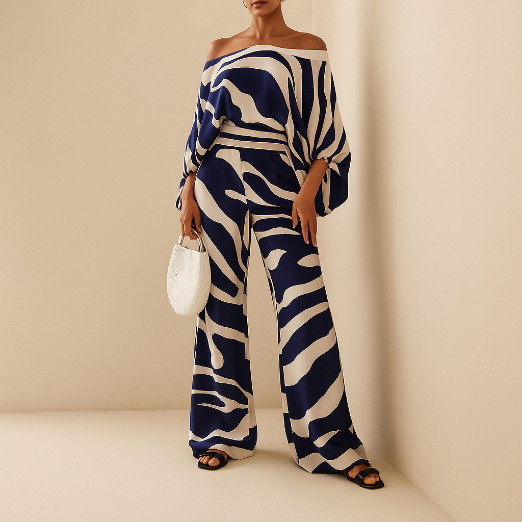 Off-shoulder balloon sleeve top and wide-leg pants set for women, perfect for summer evenings, holidays, or elegant daily wear.