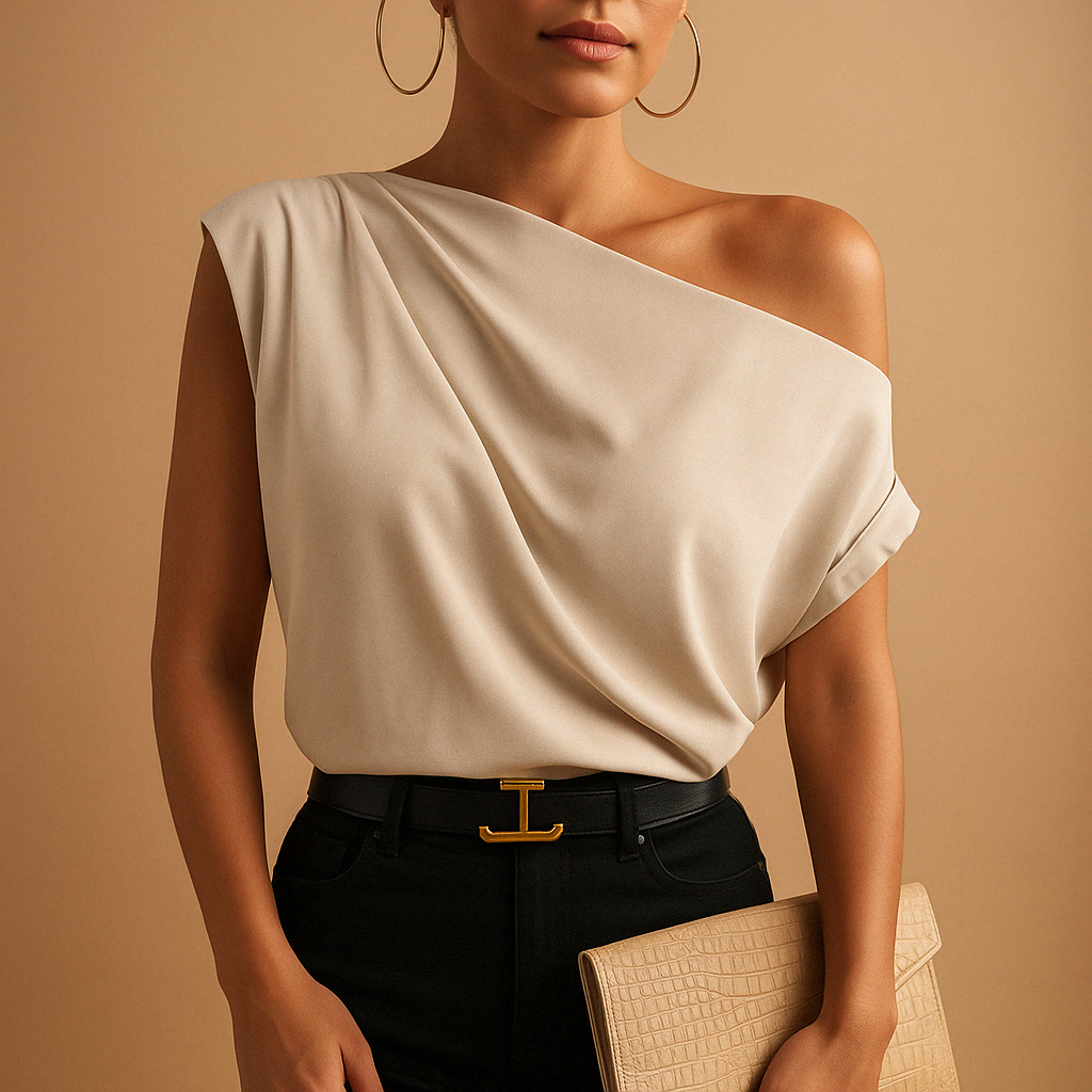 Elegant off-shoulder batwing top for women in beige with a loose fit and chic silhouette, perfect for summer days or evenings out.