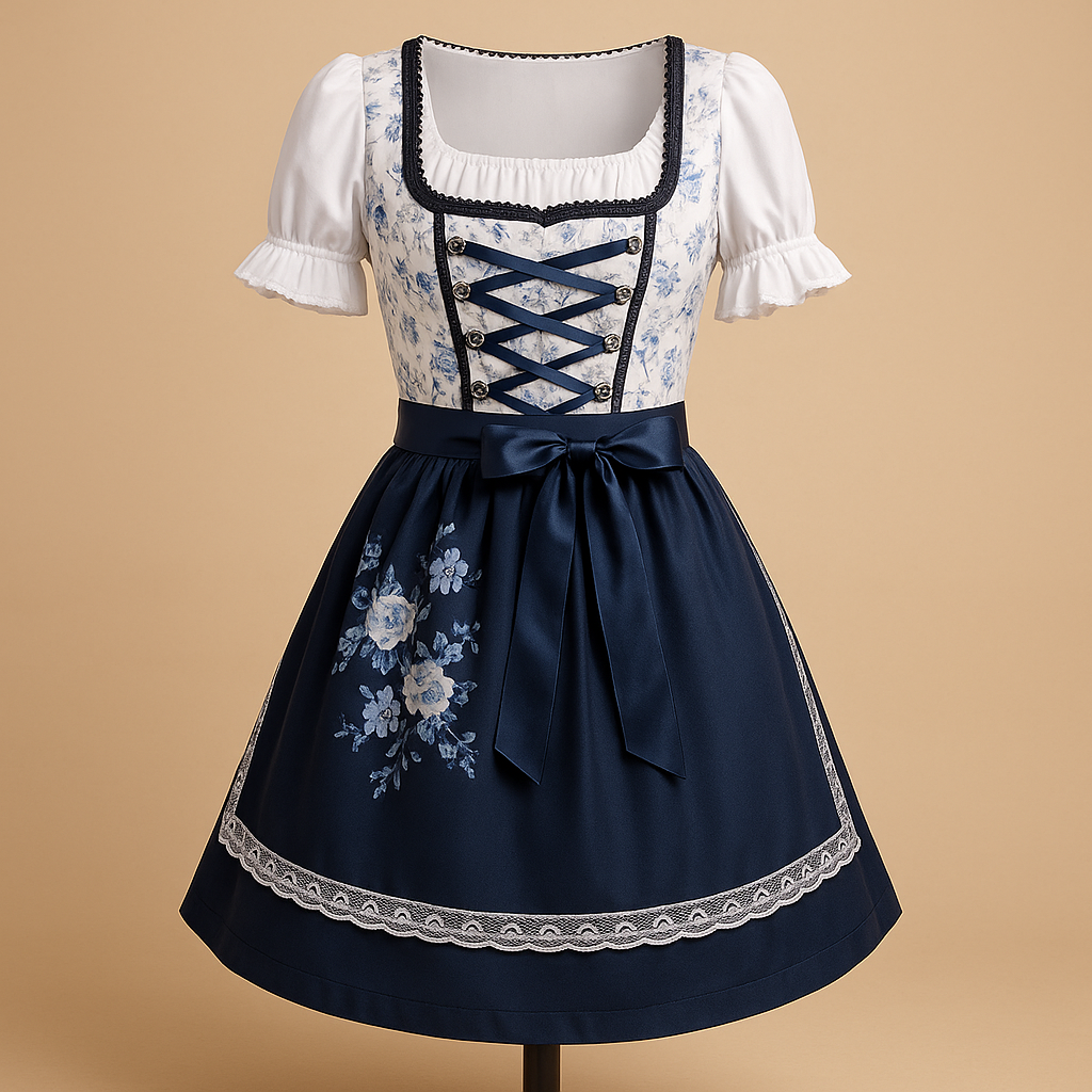 Traditional Oktoberfest dress for women in blue with lace details and matching apron, perfect for beer festivals, cultural events, and festive celebrations.