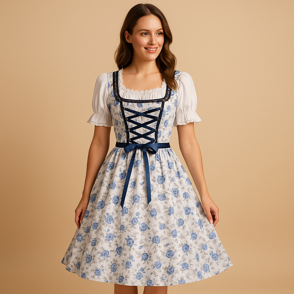 Traditional Oktoberfest dress for women in blue with lace details and matching apron, perfect for beer festivals, cultural events, and festive celebrations.