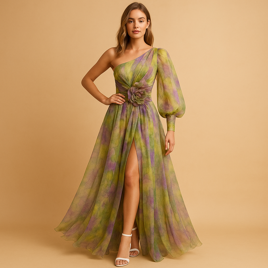 One-shoulder beach dress for women named Serena, featuring an asymmetrical design, elegant slit, and flowy fit perfect for summer parties and vacations.
