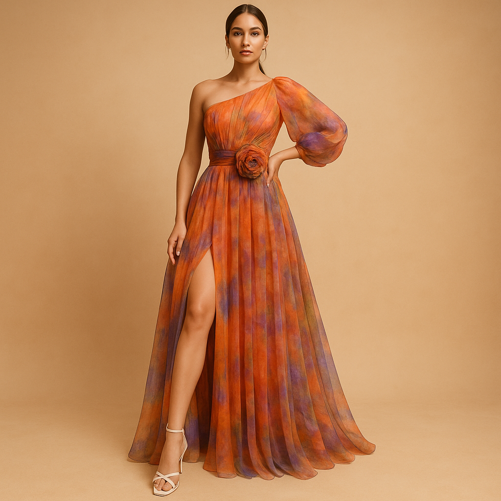 One-shoulder beach dress for women named Serena, featuring an asymmetrical design, elegant slit, and flowy fit perfect for summer parties and vacations.