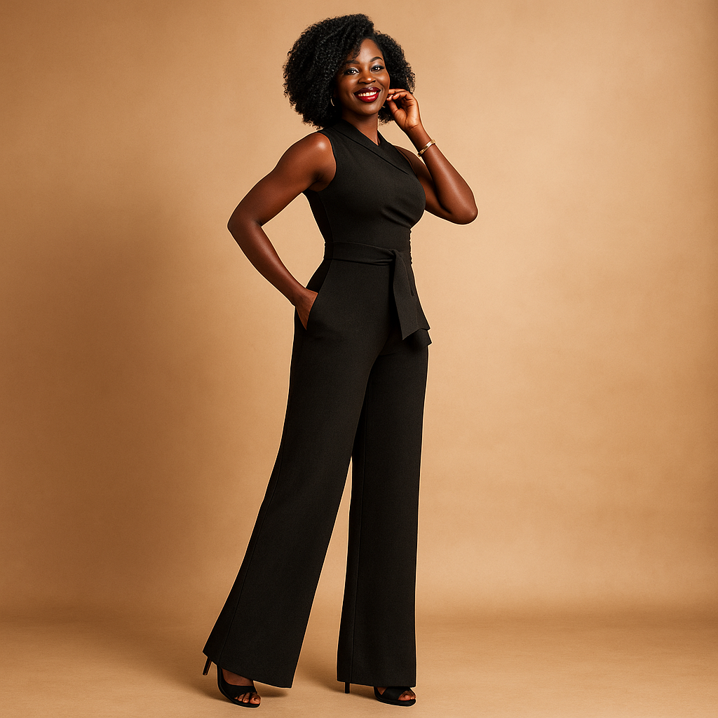 Elegant one-shoulder wide-leg jumpsuit for women in red or black. Perfect outfit for summer evenings, cocktail parties, and special dinners.