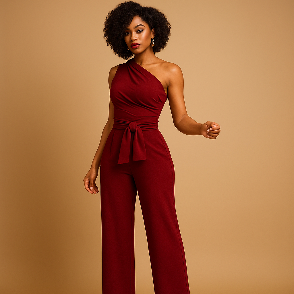 Elegant one-shoulder wide-leg jumpsuit for women in red or black. Perfect outfit for summer evenings, cocktail parties, and special dinners.