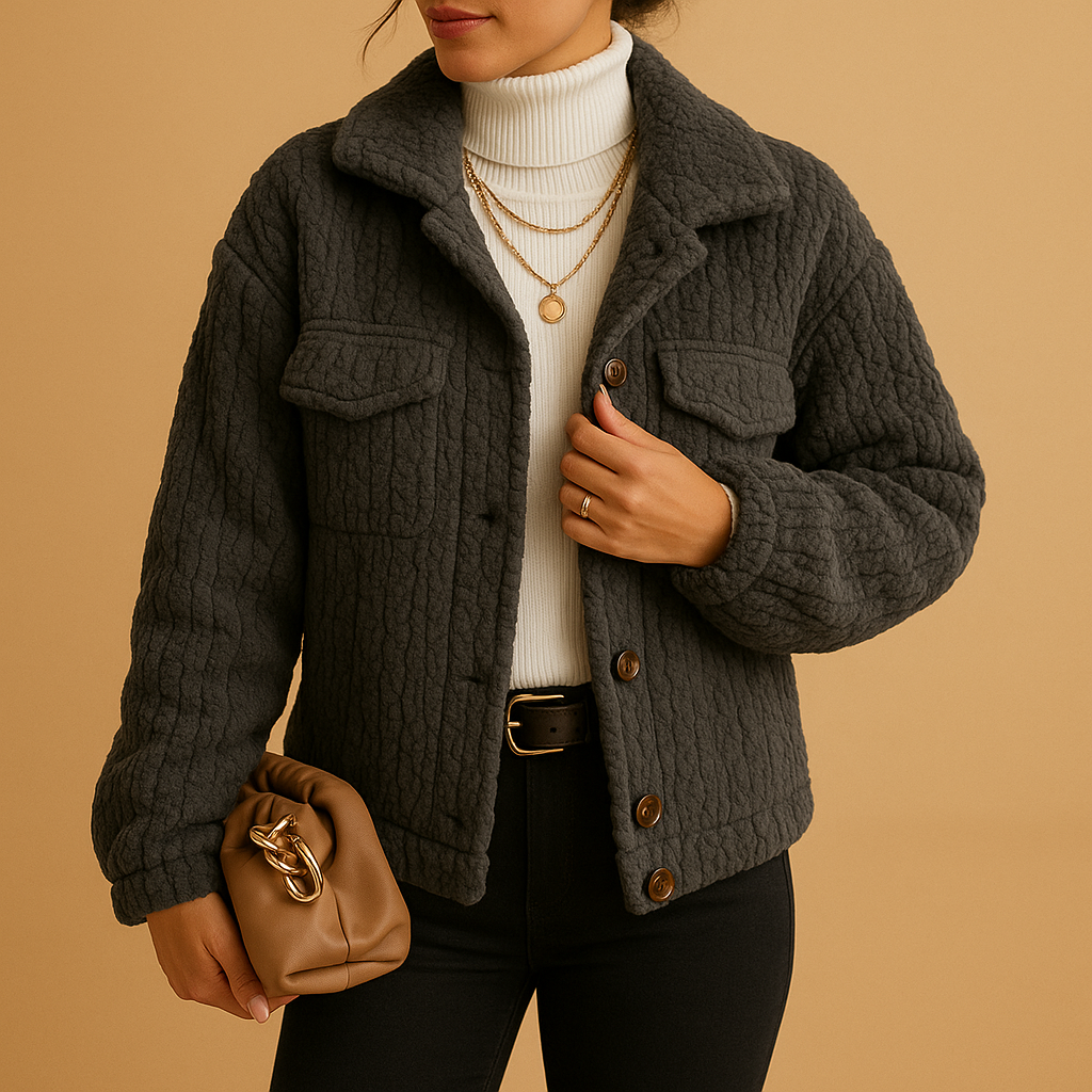 Oversized coat for women with soft fabric, boxy silhouette, pearl buttons, and seamless flap pockets, available in neutral tones for versatile styling.