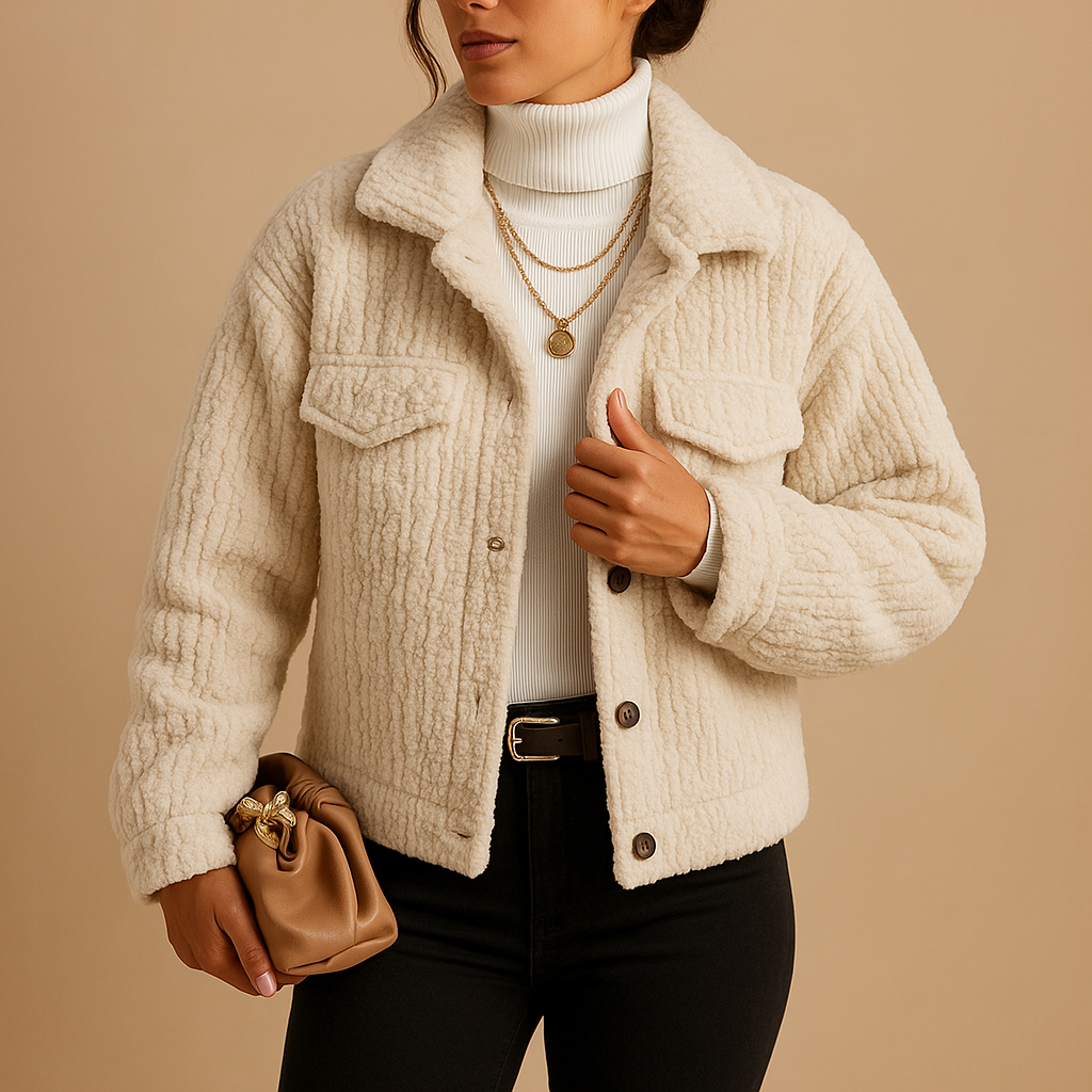 Oversized coat for women with soft fabric, boxy silhouette, pearl buttons, and seamless flap pockets, available in neutral tones for versatile styling.