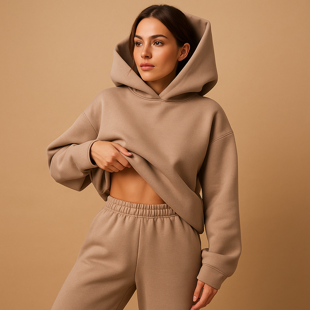 Oversized hoodie and jogger set for women with soft fabric and relaxed fit, available in beige, black, grey, light green, blue, pink, light blue, white, and dark green.