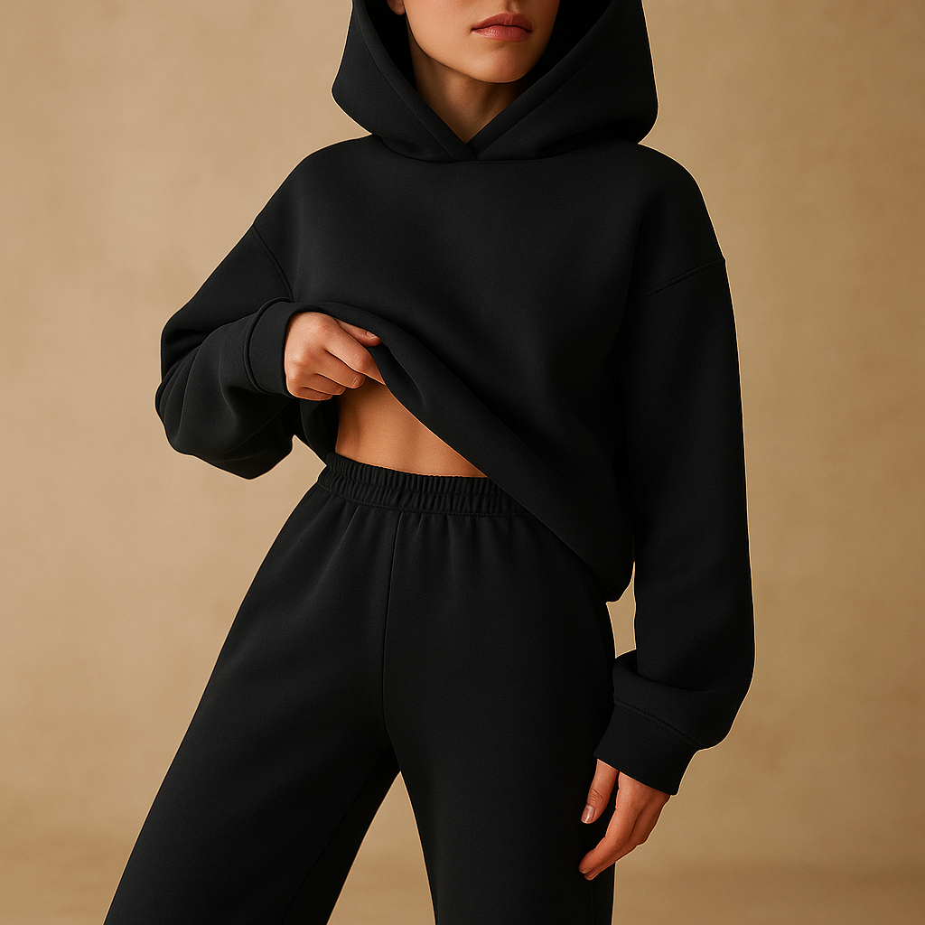 Oversized hoodie and jogger set for women with soft fabric and relaxed fit, available in beige, black, grey, light green, blue, pink, light blue, white, and dark green.