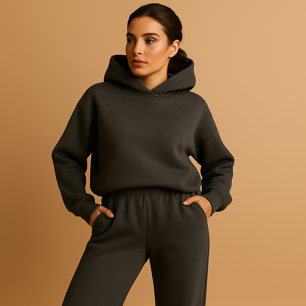 Oversized hoodie and jogger set for women with soft fabric and relaxed fit, available in beige, black, grey, light green, blue, pink, light blue, white, and dark green.