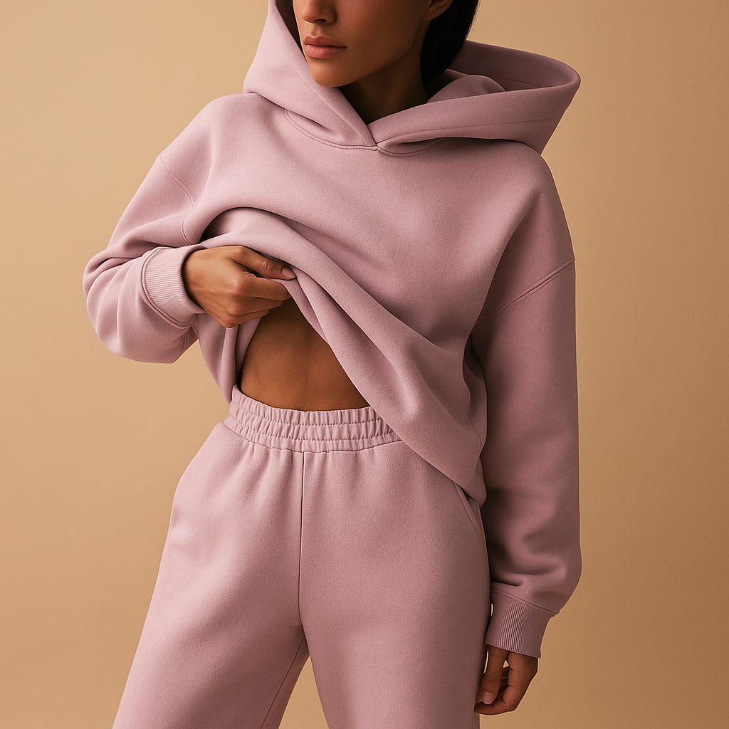 Oversized hoodie and jogger set for women with soft fabric and relaxed fit, available in beige, black, grey, light green, blue, pink, light blue, white, and dark green.