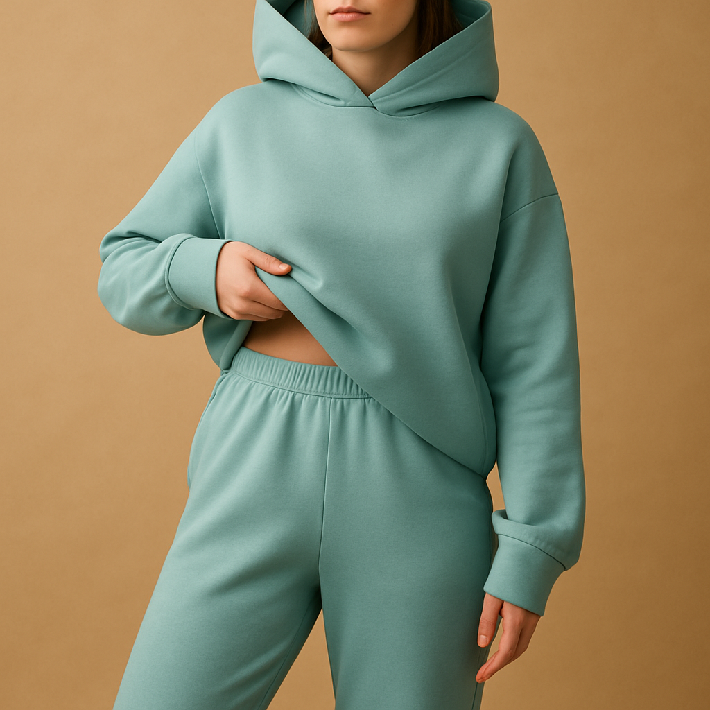 Oversized hoodie and jogger set for women with soft fabric and relaxed fit, available in beige, black, grey, light green, blue, pink, light blue, white, and dark green.