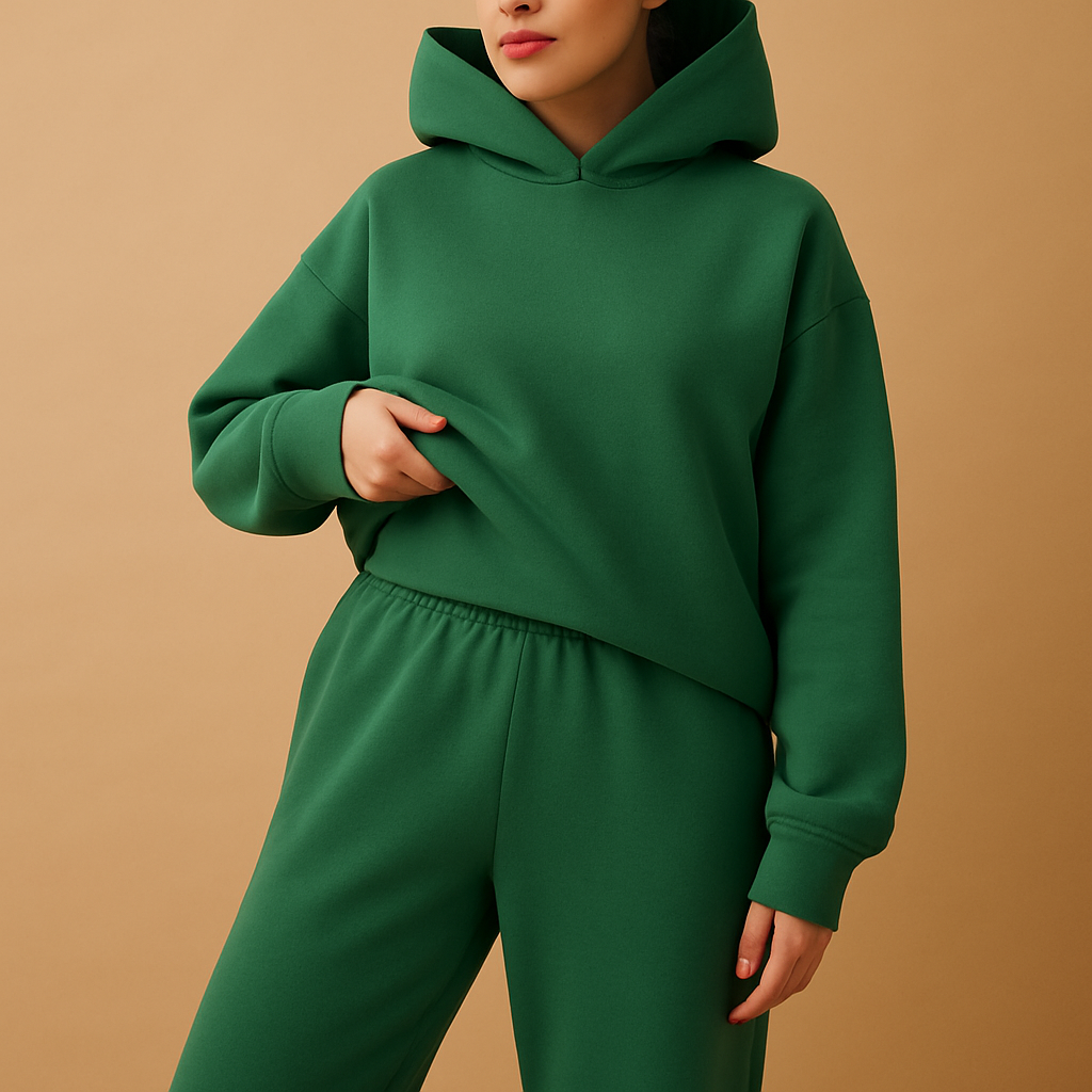 Oversized hoodie and jogger set for women with soft fabric and relaxed fit, available in beige, black, grey, light green, blue, pink, light blue, white, and dark green.