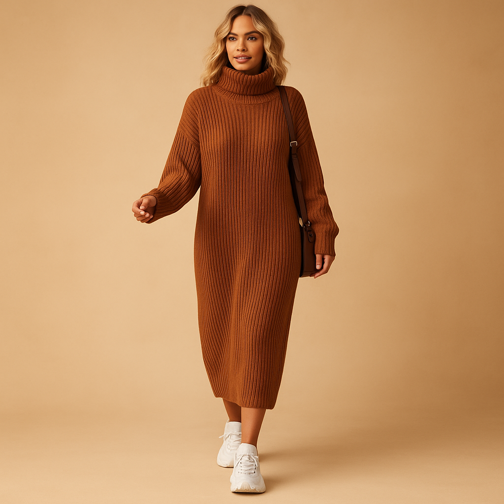 Oversized knitted sweater dress for women with long sleeves and soft fabric, perfect for autumn walks, cozy winter days, and casual outings.