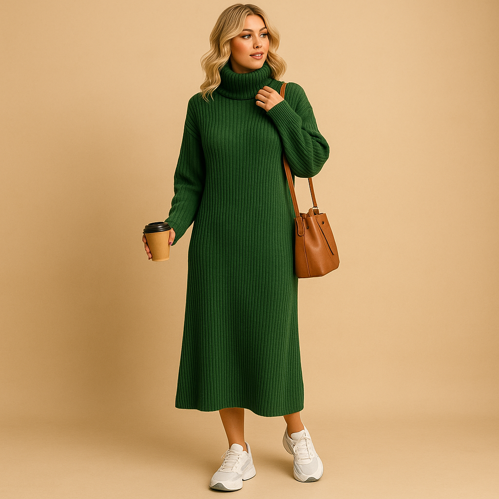 Oversized knitted sweater dress for women with long sleeves and soft fabric, perfect for autumn walks, cozy winter days, and casual outings.