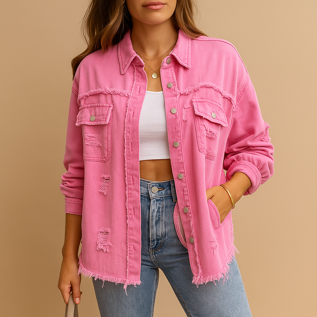 Women’s oversized denim jacket with vintage distressed details and relaxed fit. Perfect for casual outfits and trendy streetwear looks.