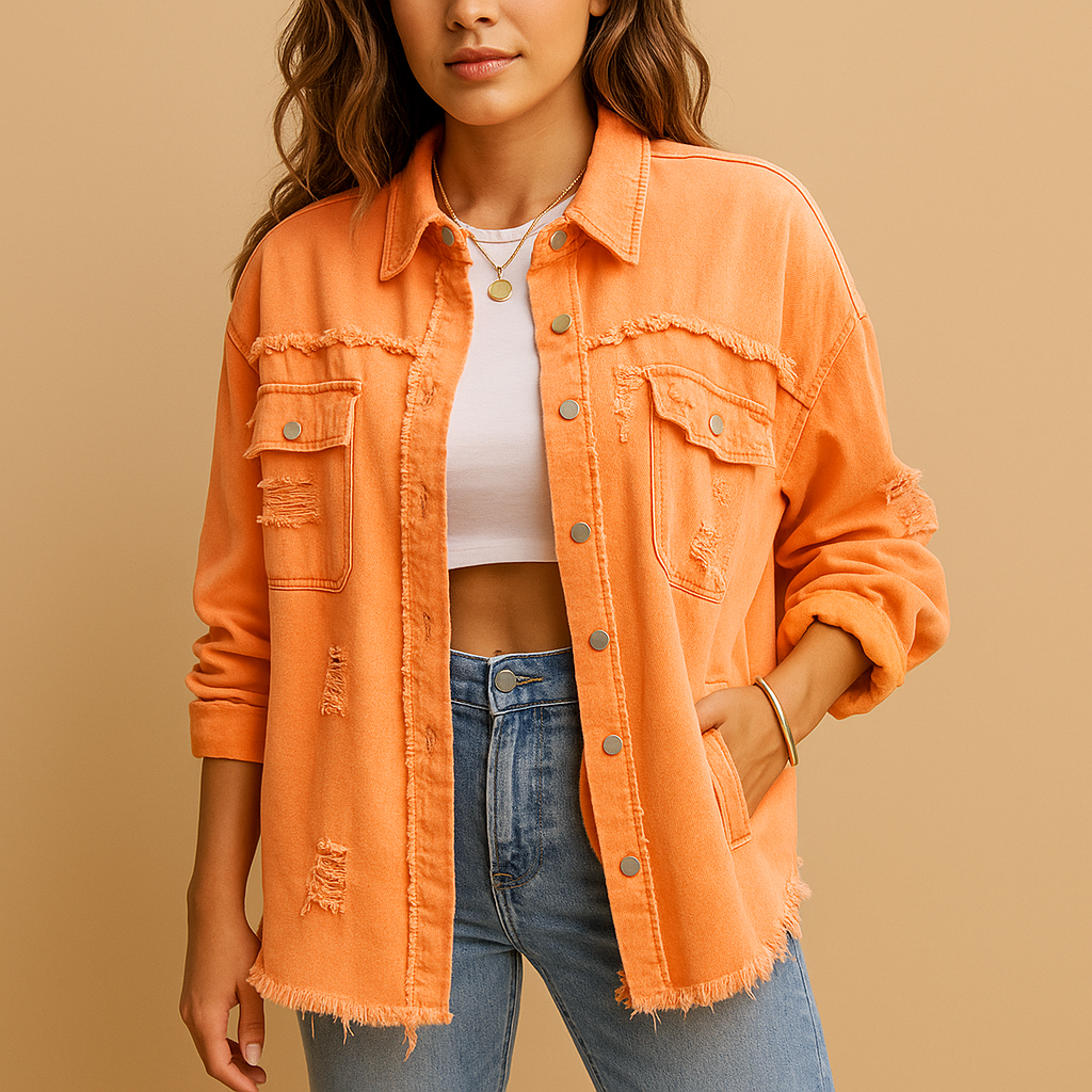 Women’s oversized denim jacket with vintage distressed details and relaxed fit. Perfect for casual outfits and trendy streetwear looks.