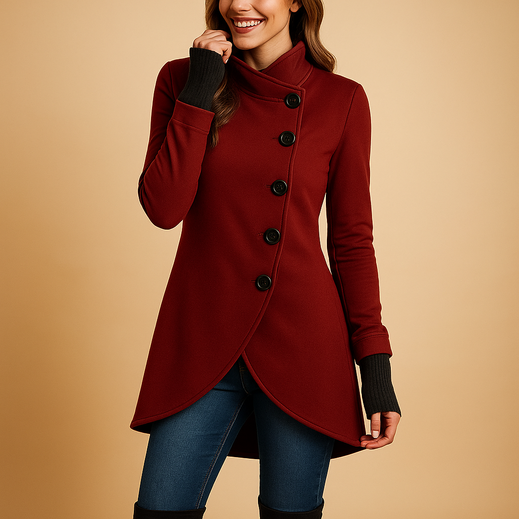 Women’s oversized winter coat with asymmetric button closure, hip-length design, and soft cotton finish. Ideal for warm and stylish winter outfits.