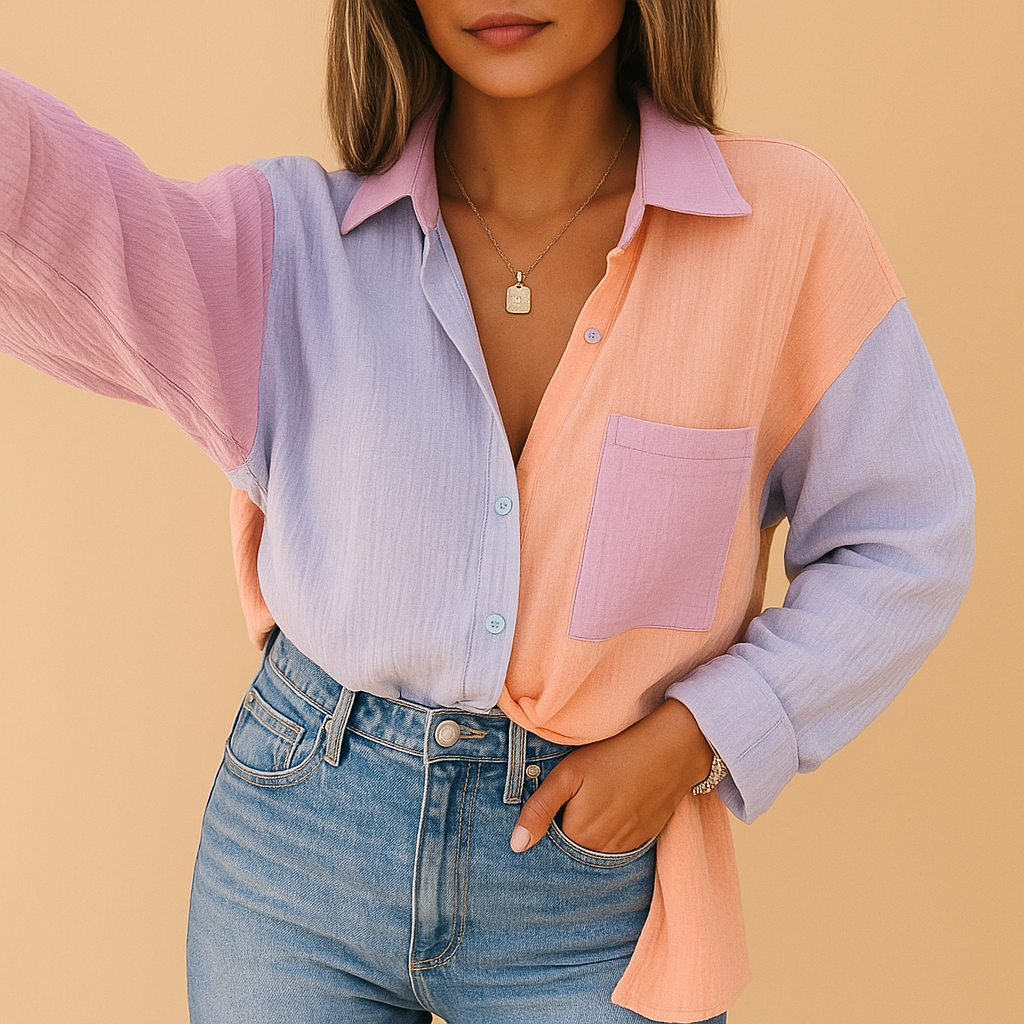 Women’s colorful patchwork blouse in pink and light blue — lightweight, stylish, and perfect for casual or semi-formal occasions.