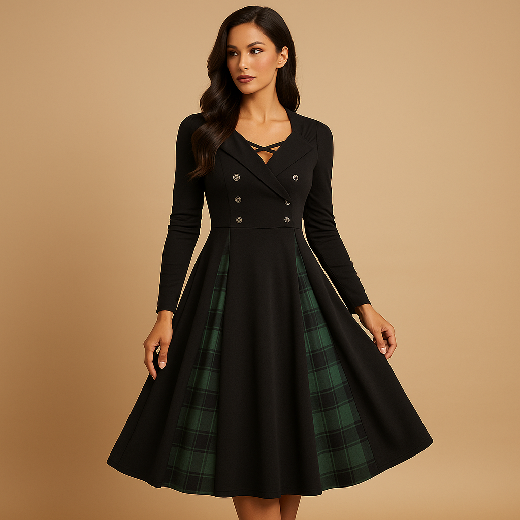 Plaid A-line dress for women named Harper, featuring a flared skirt, long sleeves, and double-button design ideal for work or elegant casual wear.