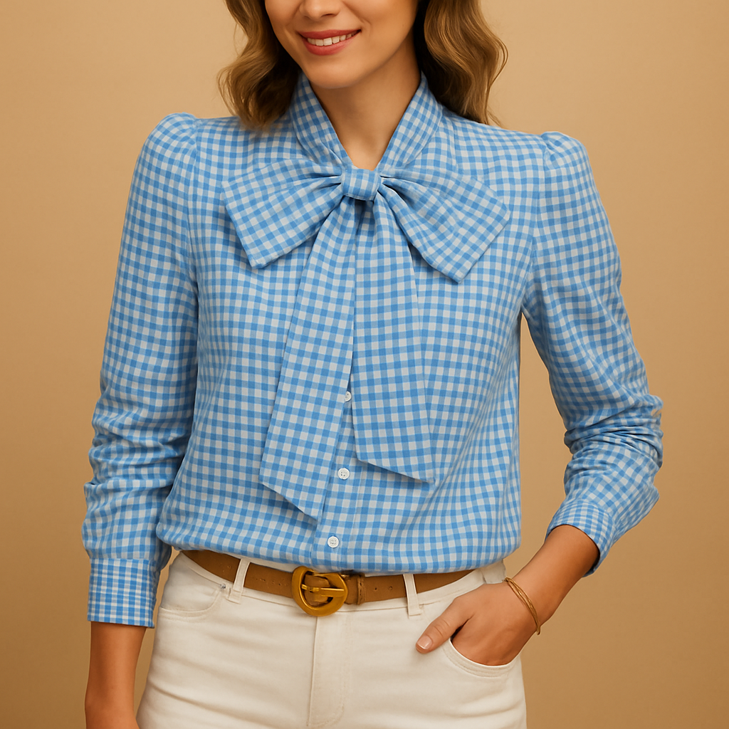 Elegant plaid bow tie blouse for women with breathable fabric and classic design, perfect for work or casual occasions.