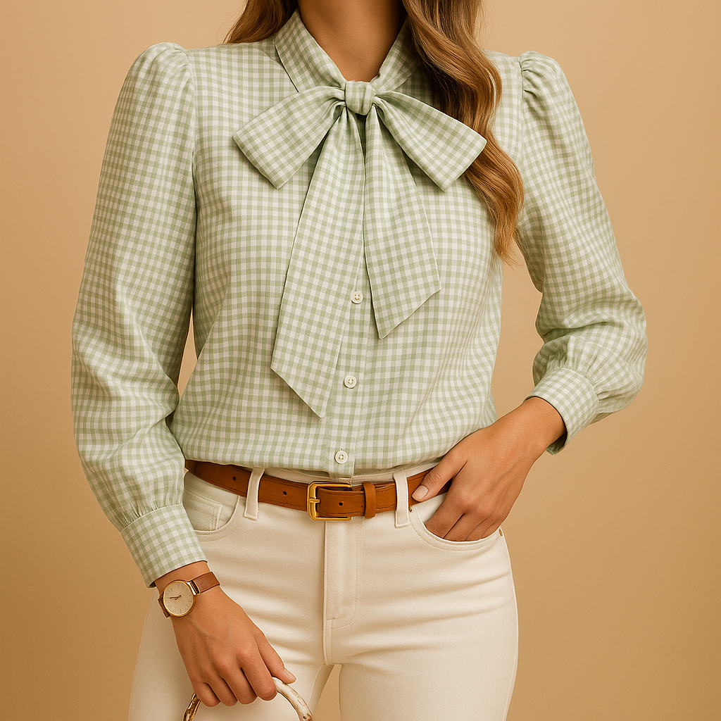 Elegant plaid bow tie blouse for women with breathable fabric and classic design, perfect for work or casual occasions.