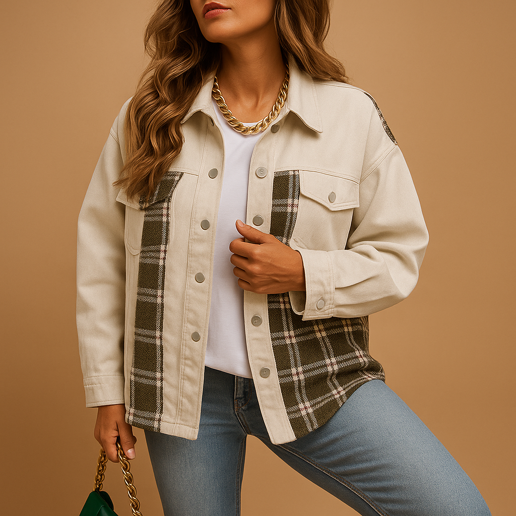 Plaid jacket for women in denim-look with relaxed fit, long sleeves, and soft skin-friendly fabric, available in red, black, and beige.