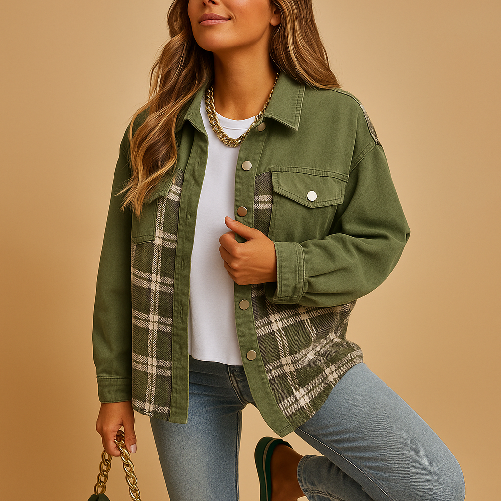 Plaid jacket for women in denim-look with relaxed fit, long sleeves, and soft skin-friendly fabric, available in red, black, and beige.