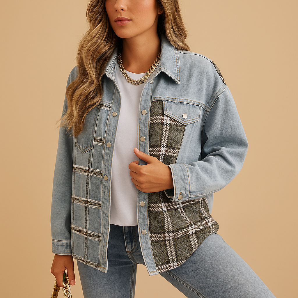 Plaid jacket for women in denim-look with relaxed fit, long sleeves, and soft skin-friendly fabric, available in red, black, and beige.