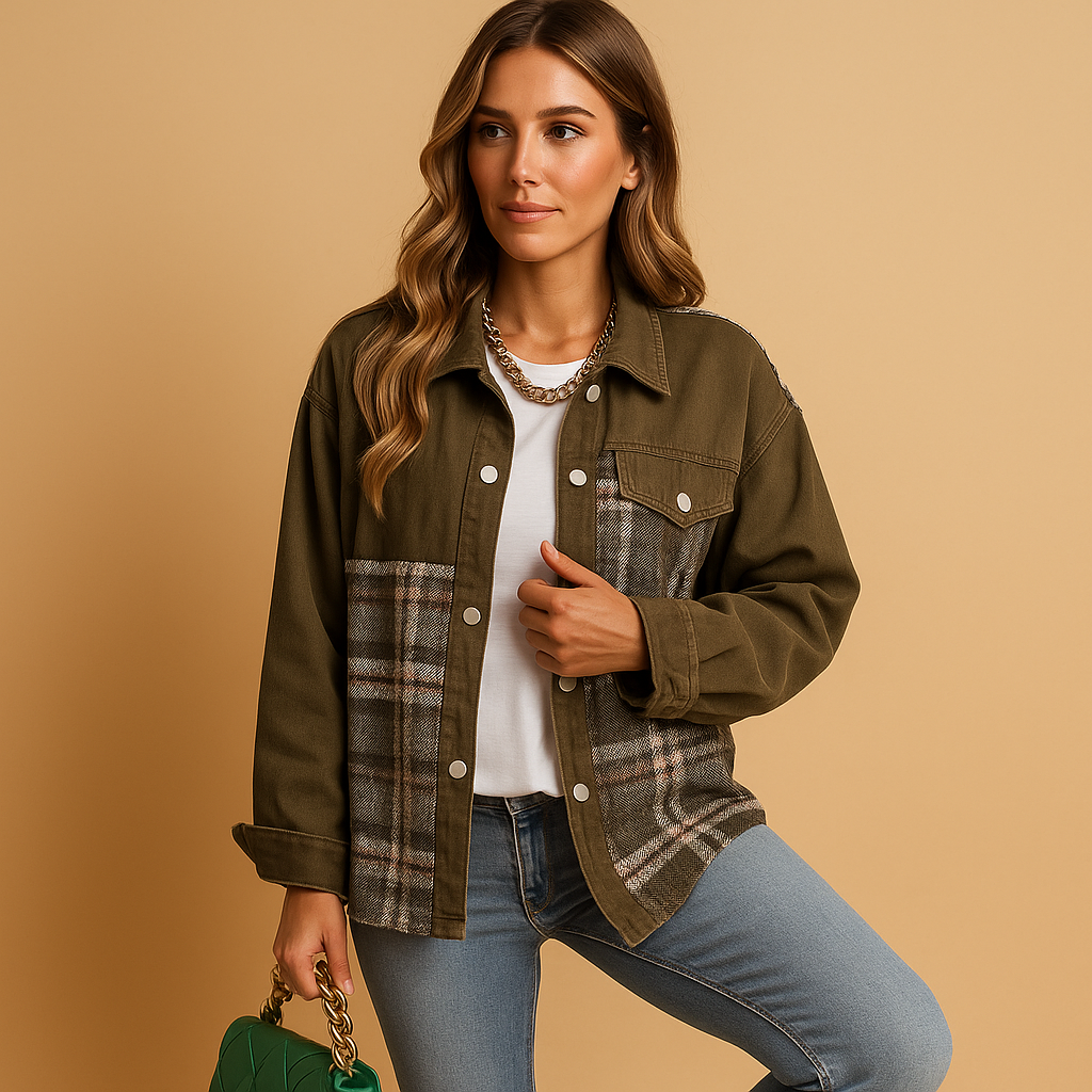 Plaid jacket for women in denim-look with relaxed fit, long sleeves, and soft skin-friendly fabric, available in red, black, and beige.