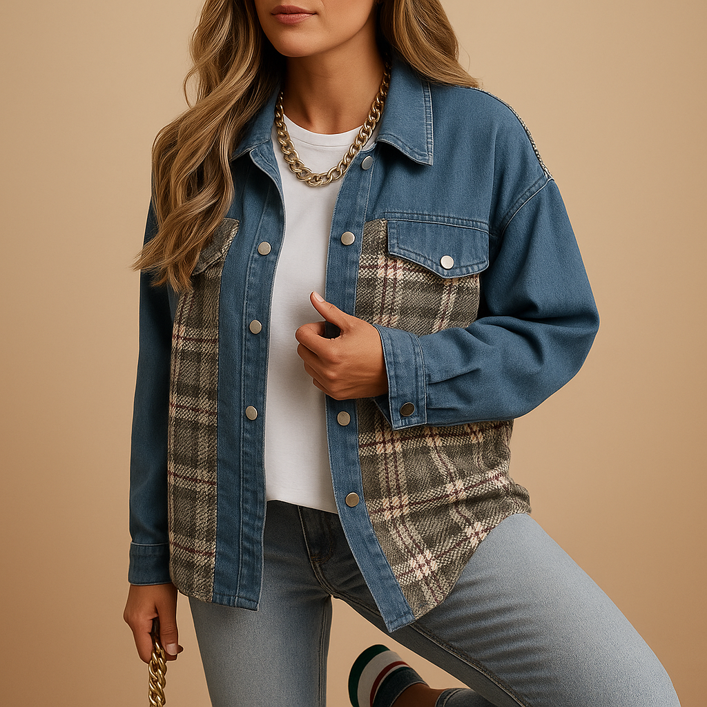 Plaid jacket for women in denim-look with relaxed fit, long sleeves, and soft skin-friendly fabric, available in red, black, and beige.