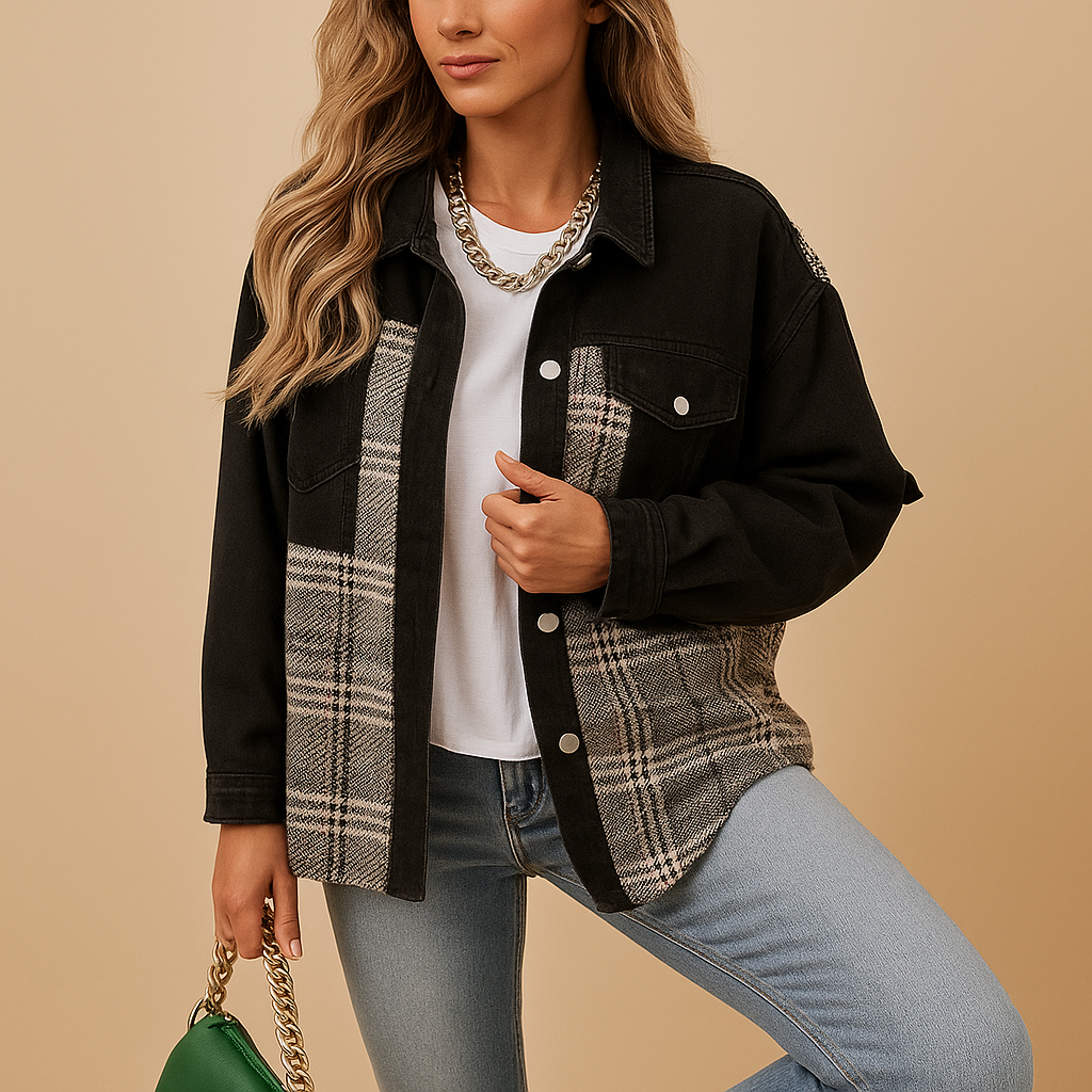 Plaid jacket for women in denim-look with relaxed fit, long sleeves, and soft skin-friendly fabric, available in red, black, and beige.
