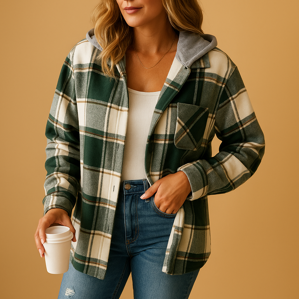 Women’s plaid coat with classic green check pattern, lined hood, and comfortable fit. A stylish and cozy coat for autumn and winter outfits.
