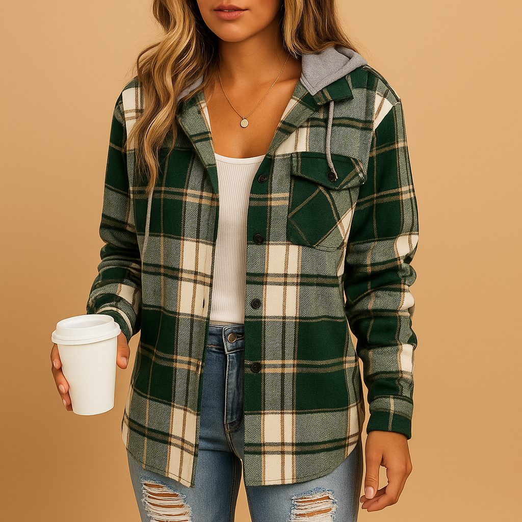 Women’s plaid coat with classic green check pattern, lined hood, and comfortable fit. A stylish and cozy coat for autumn and winter outfits.