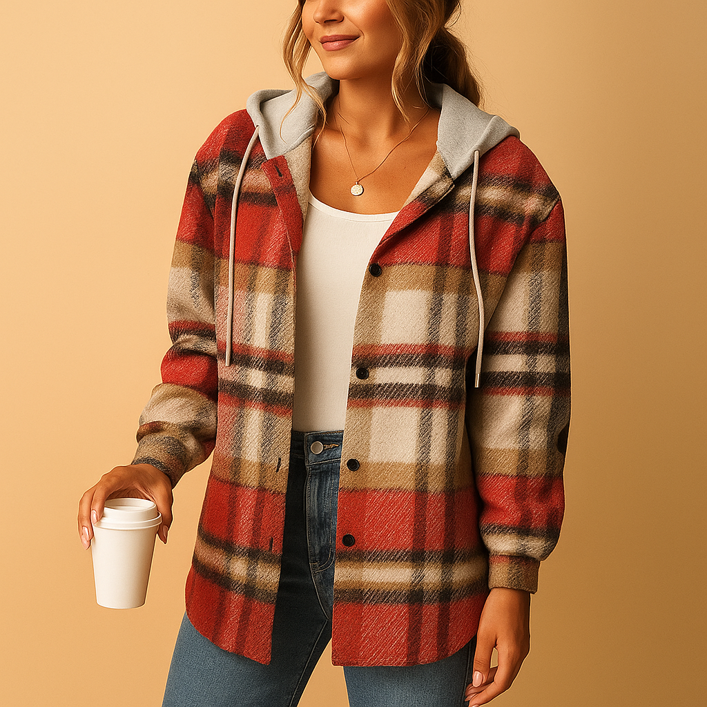 Plaid hooded jacket for women with breathable fabric, relaxed fit, and versatile design, available in multiple plaid patterns for casual or layered looks.
