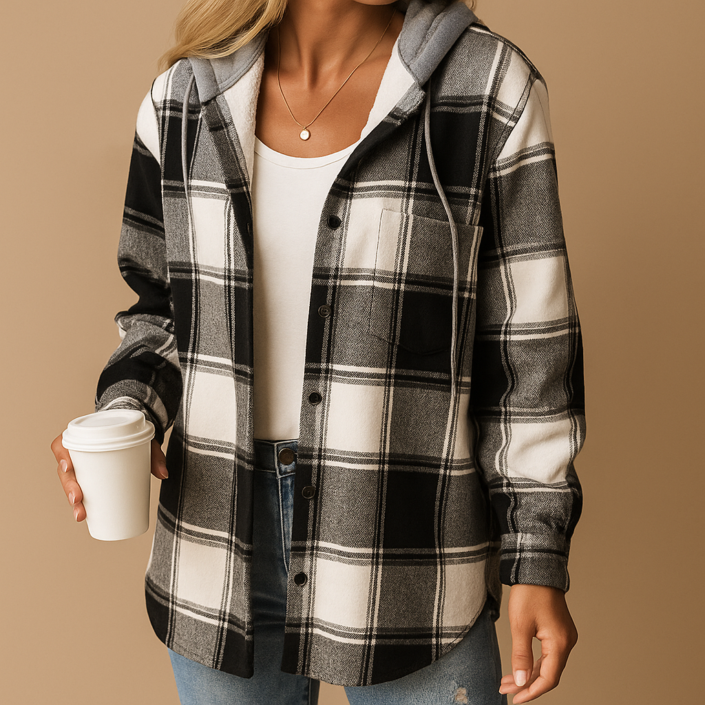 Plaid hooded jacket for women with breathable fabric, relaxed fit, and versatile design, available in multiple plaid patterns for casual or layered looks.