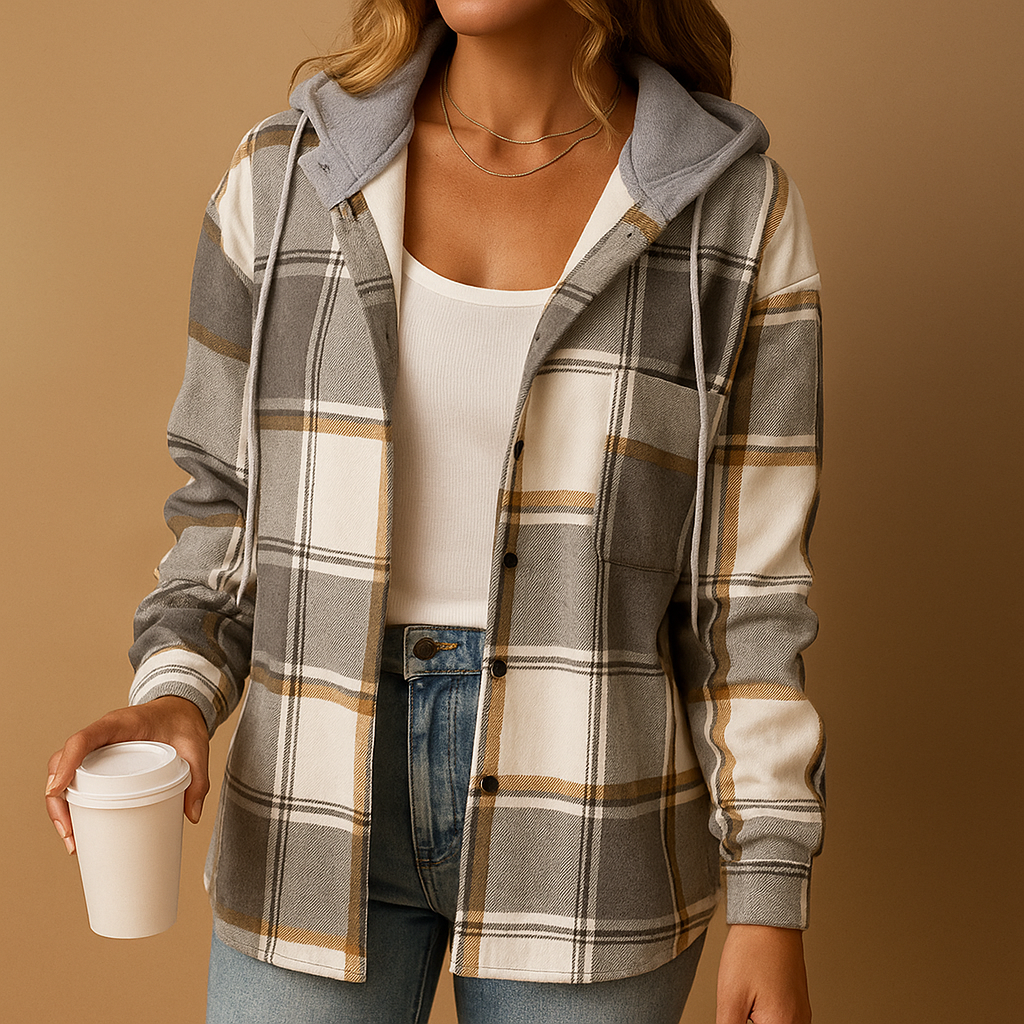 Plaid hooded jacket for women with breathable fabric, relaxed fit, and versatile design, available in multiple plaid patterns for casual or layered looks.