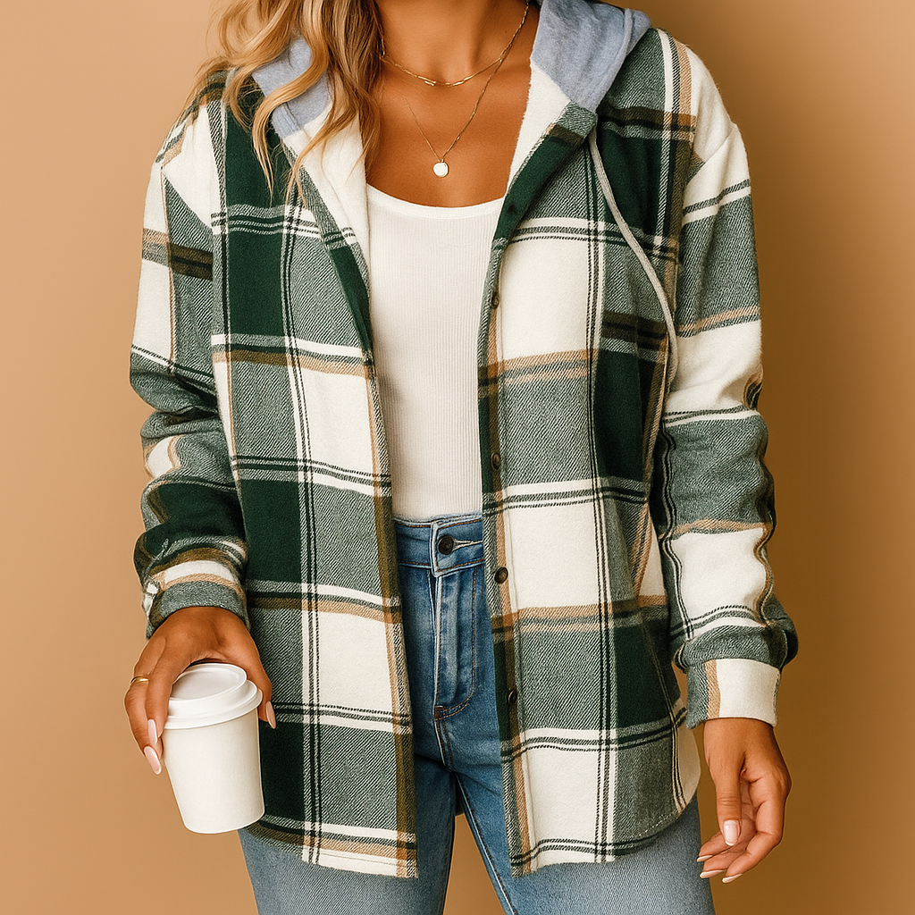 Plaid hooded jacket for women with breathable fabric, relaxed fit, and versatile design, available in multiple plaid patterns for casual or layered looks.