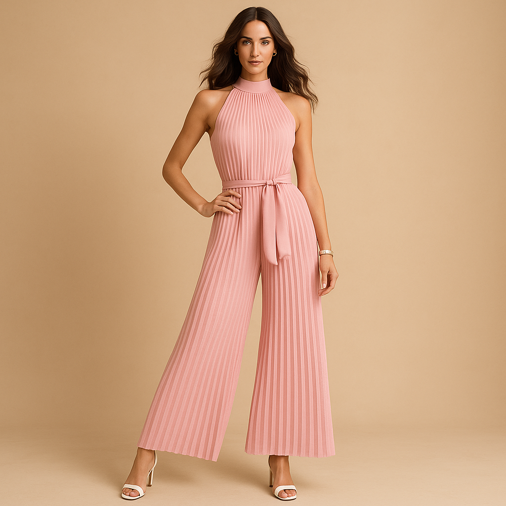 Women’s pleated high-neck jumpsuit with wide legs, matching belt, and elegant finish in light blue, pink, white, and black.