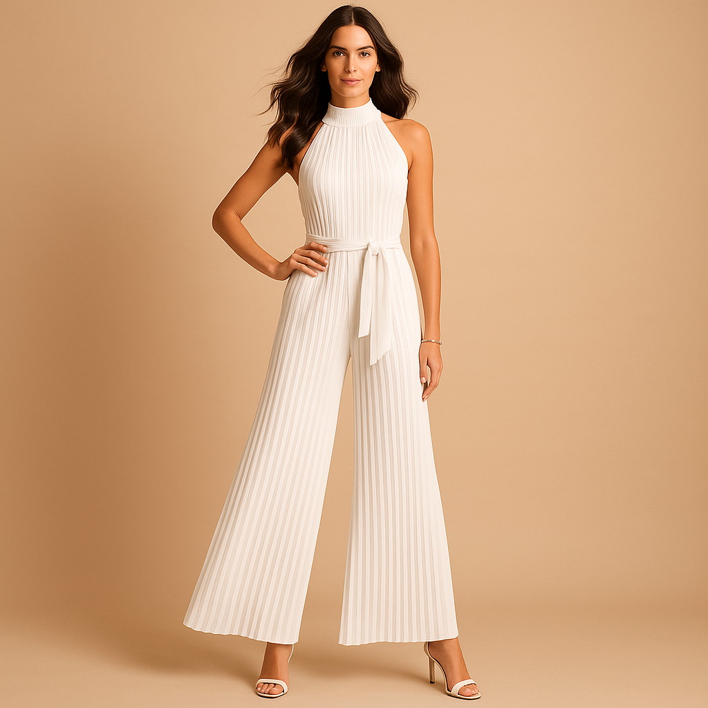 Women’s pleated high-neck jumpsuit with wide legs, matching belt, and elegant finish in light blue, pink, white, and black.
