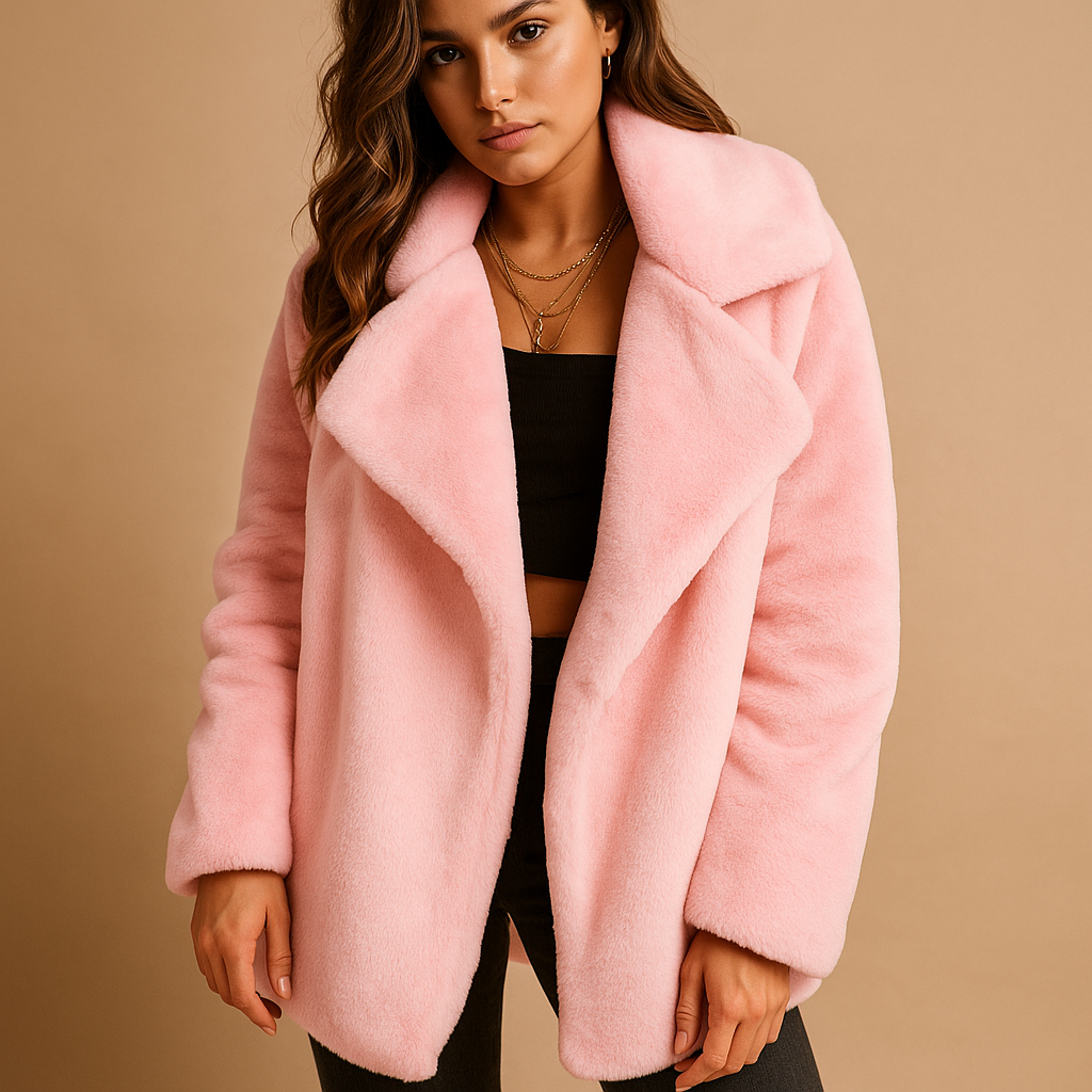 Plush winter coat for women with soft fabric, medium length, lapel collar, and side pockets, available in blue, brown, grey, pink, and purple.