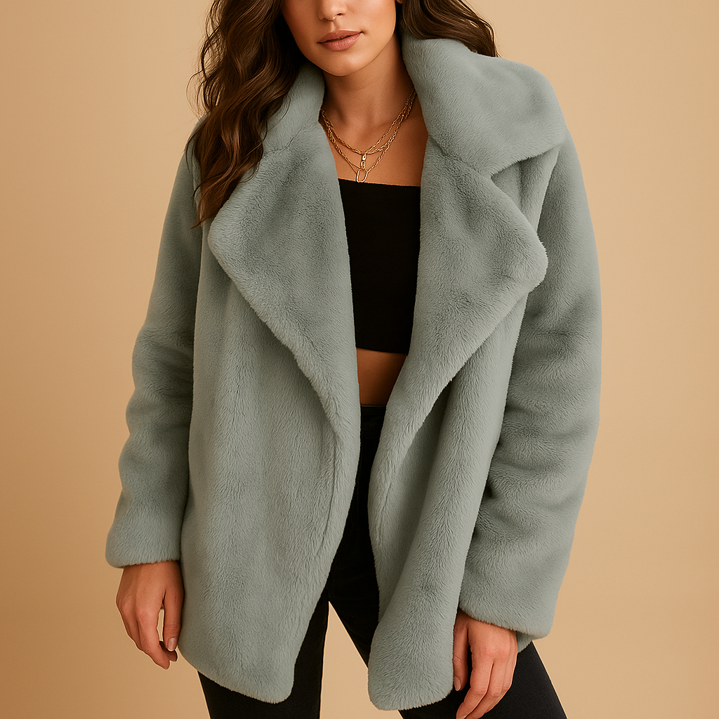 Plush winter coat for women with soft fabric, medium length, lapel collar, and side pockets, available in blue, brown, grey, pink, and purple.