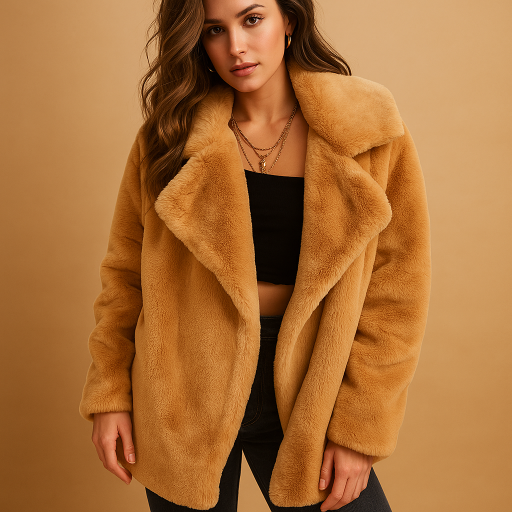 Plush winter coat for women with soft fabric, medium length, lapel collar, and side pockets, available in blue, brown, grey, pink, and purple.