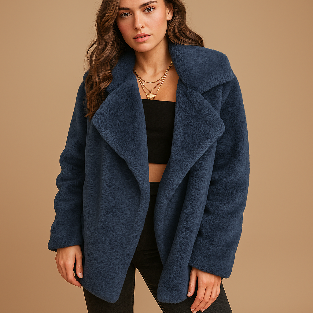 Plush winter coat for women with soft fabric, medium length, lapel collar, and side pockets, available in blue, brown, grey, pink, and purple.