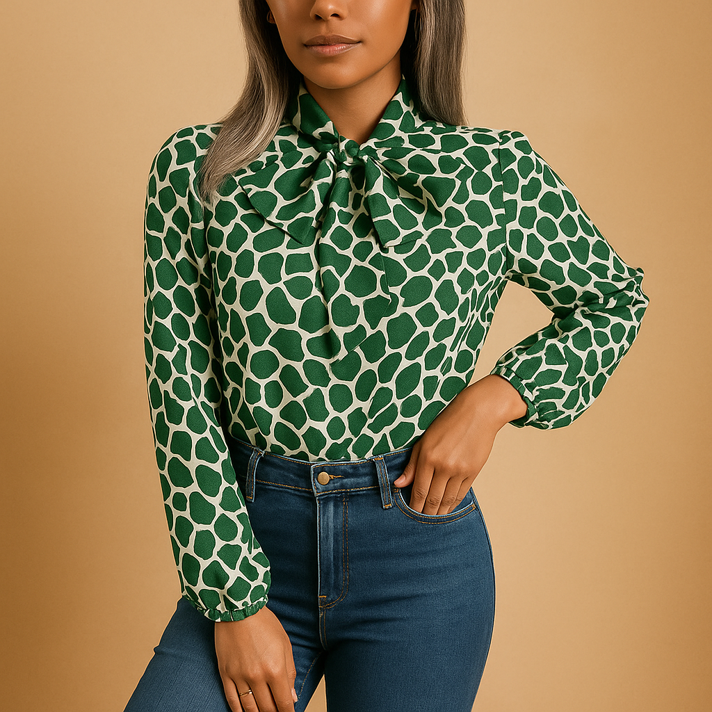Women’s green polka dot blouse with bow tie and elastic cuffs — elegant, comfortable, and perfect for work or casual outfits.