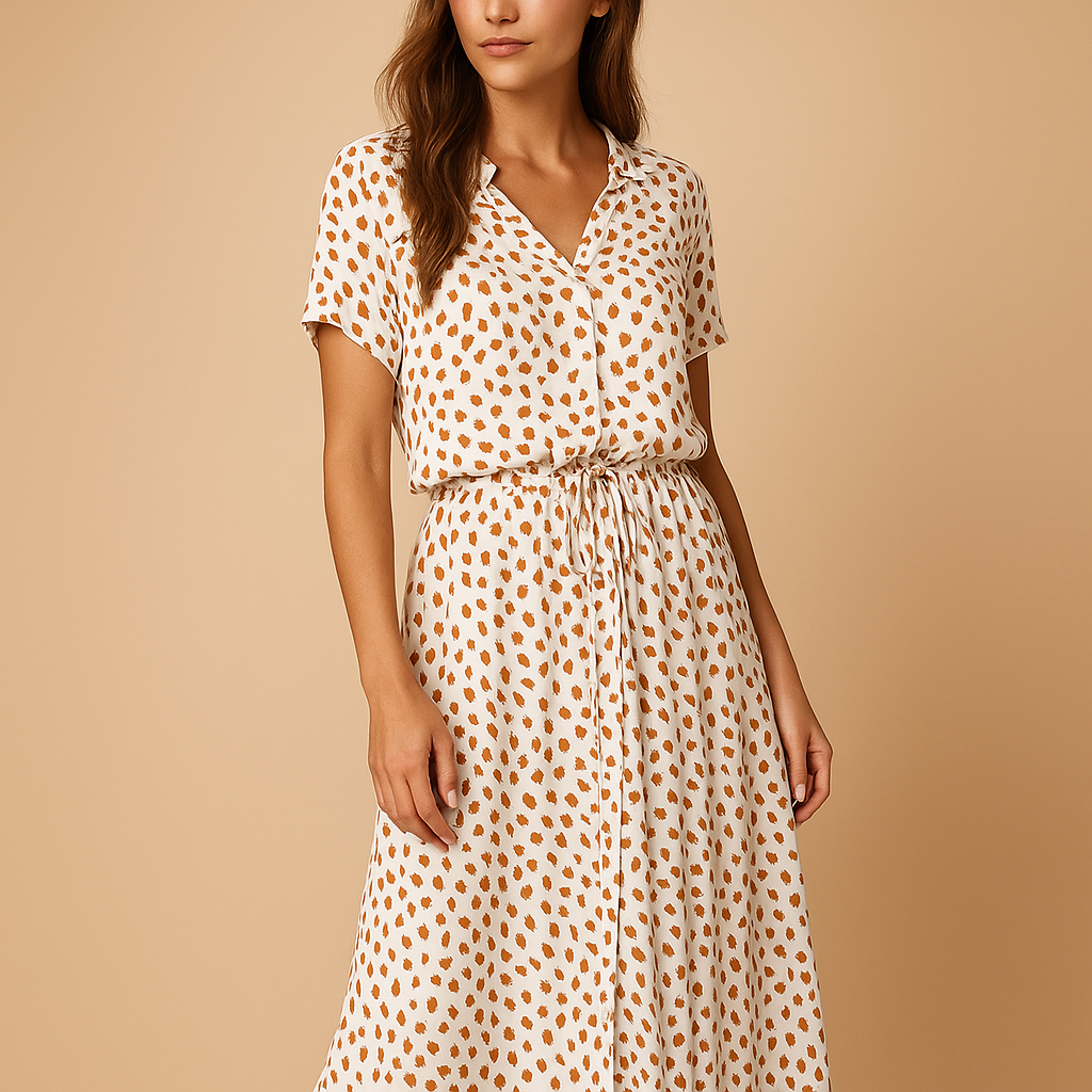 Polka dot midi dress for women with soft cotton fabric and flattering fit, perfect for casual days, workwear, or elegant special occasions.